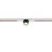 Black track lighting fixture mounted on a white track.