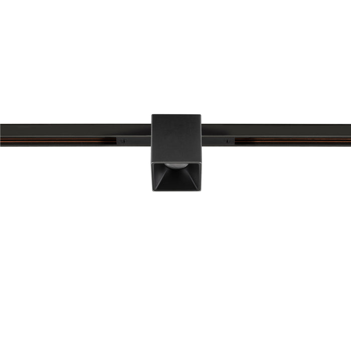 Black track lighting fixture, square head, track mounted.