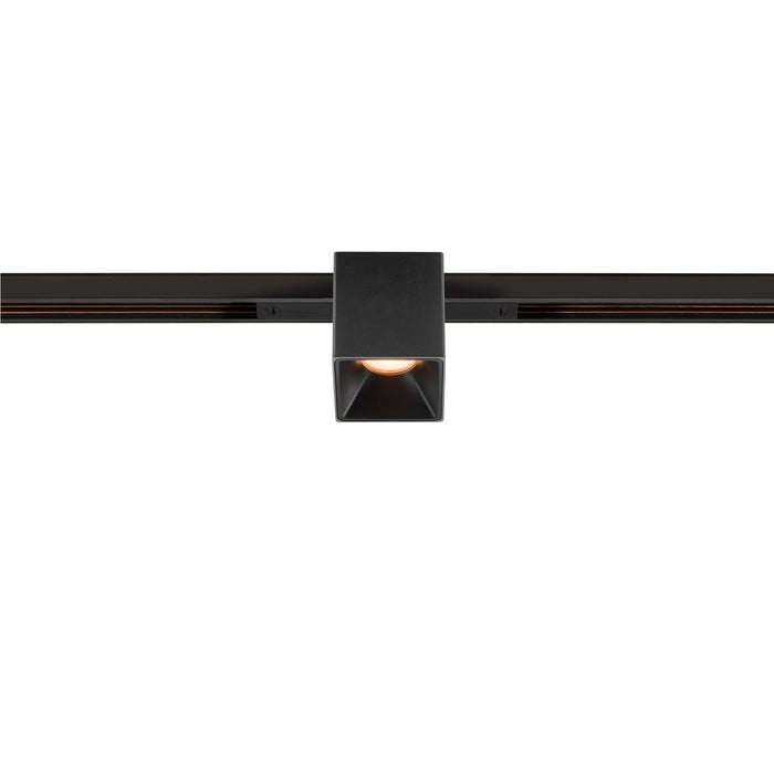 Black square track lighting fixture, surface mounted.