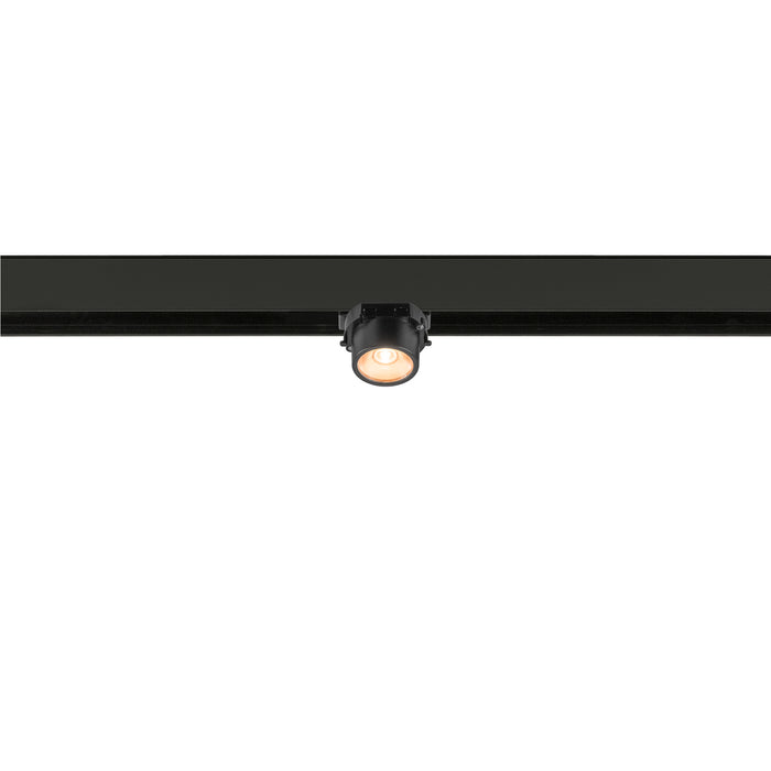 Black track lighting fixture with adjustable spotlight head.
