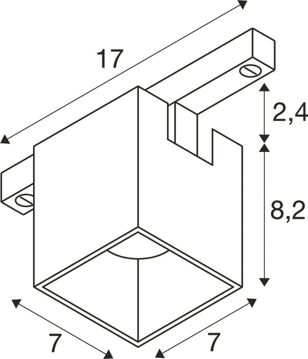Technical drawing of a cube-shaped ceiling-mounted spotlight with dimensions labeled.