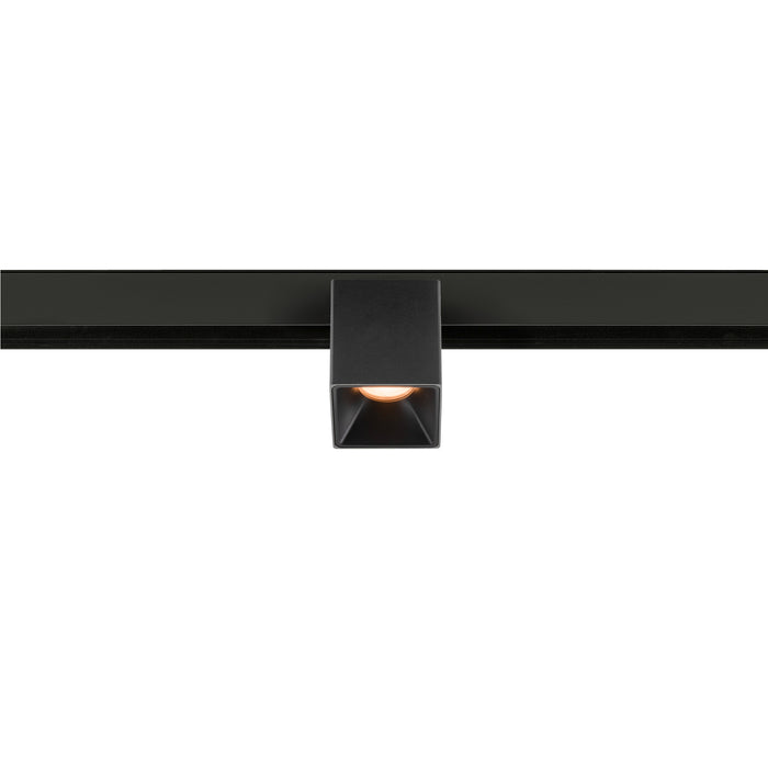 Black square track lighting fixture, mounted on a black track.