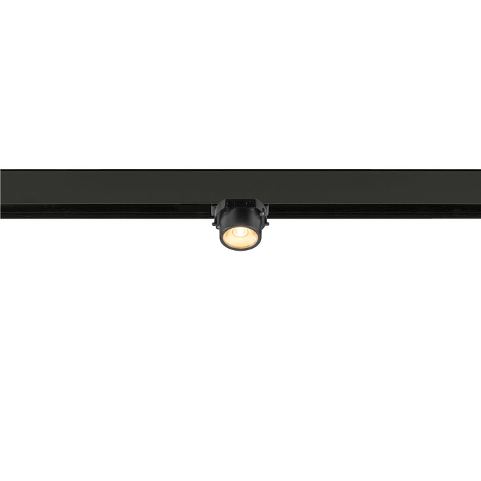 Black track lighting fixture, metal, mounted on track.