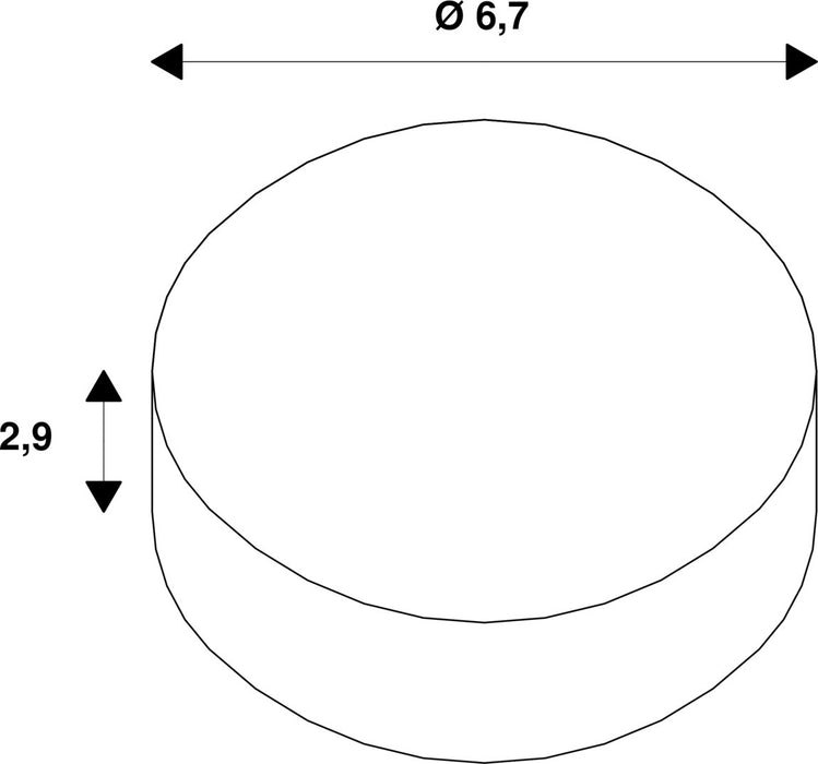 Technical drawing of a white cylindrical part with dimensions 6.7 diameter and 2.9 height.