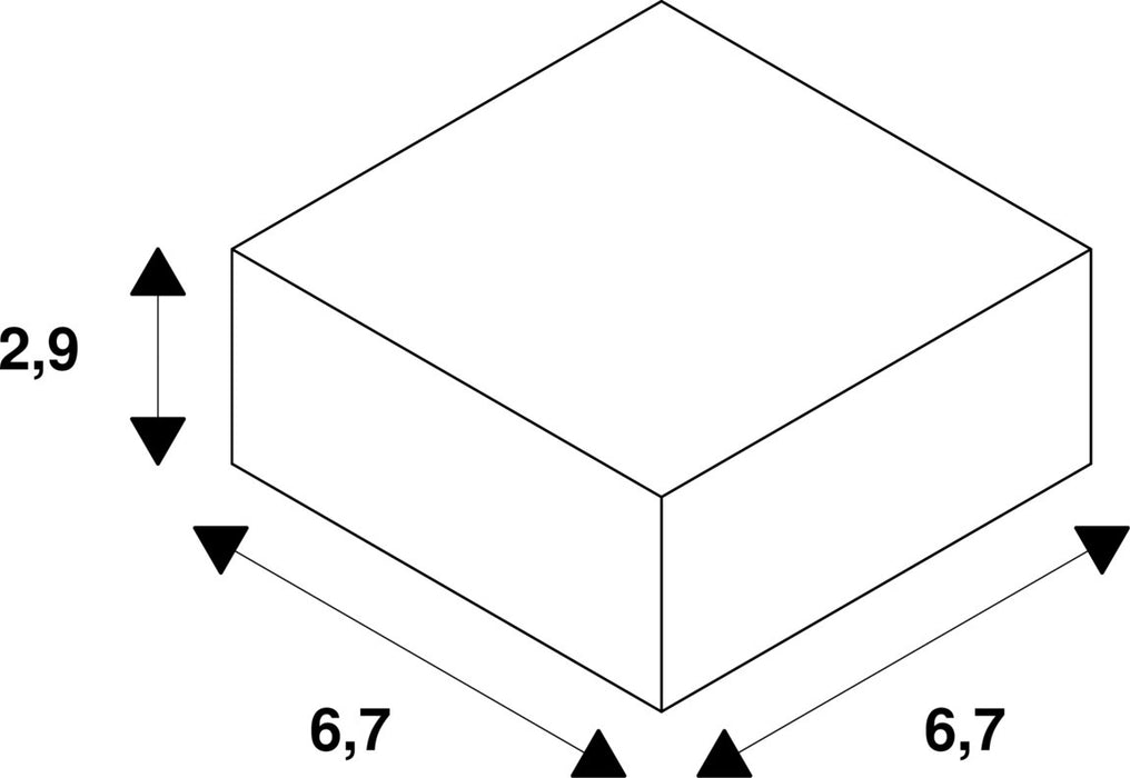 Diagram of a white square block with dimensions 6.7 x 6.7 x 2.9.