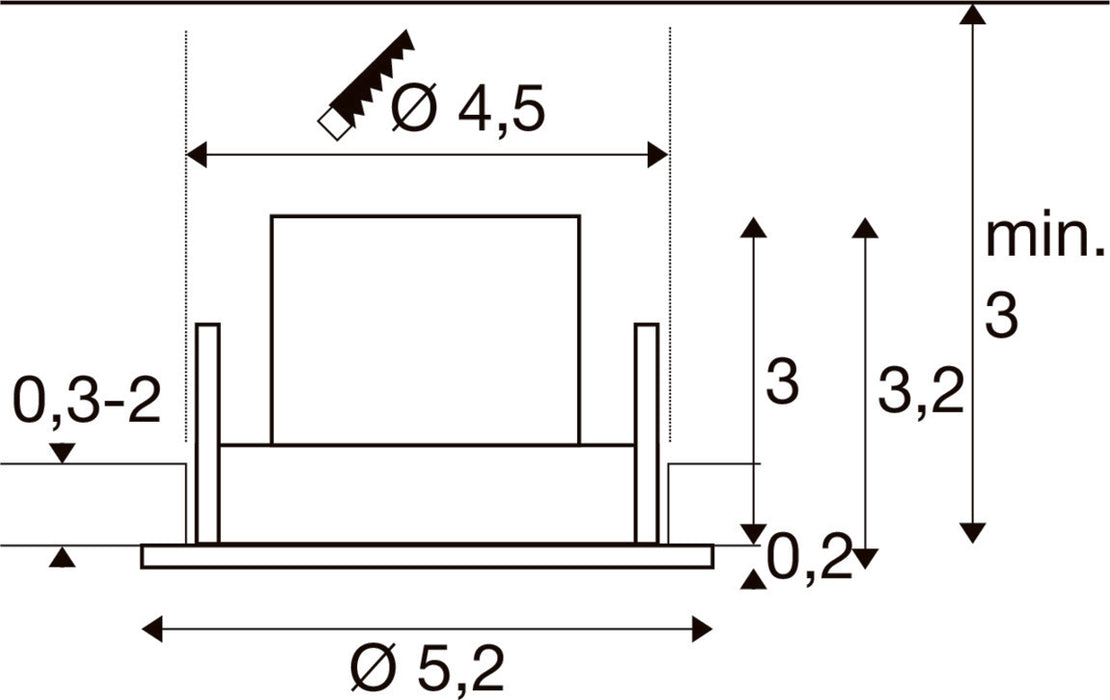 Technical drawing with dimensions for a recessed light fixture.