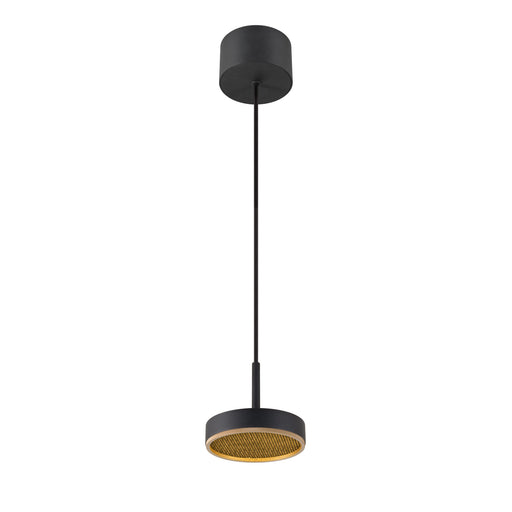 Black metal pendant light fixture with gold accent, ceiling mounted.