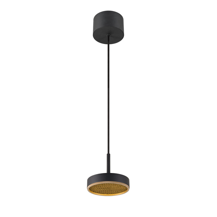 Black metal pendant light fixture with gold accent, ceiling mounted.