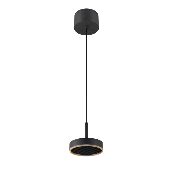 Black metal pendant light fixture with wood accent and ceiling mount.