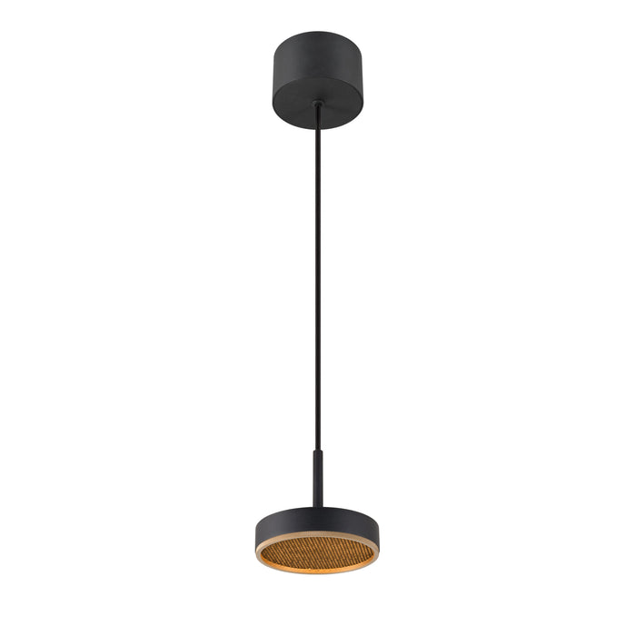 Modern pendant light fixture, black finish with woven texture detail, ceiling mounted.