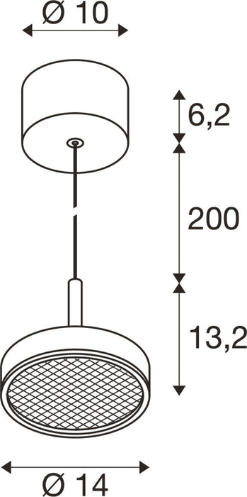 Technical drawing of a ceiling-mounted pendant light fixture with dimensions.