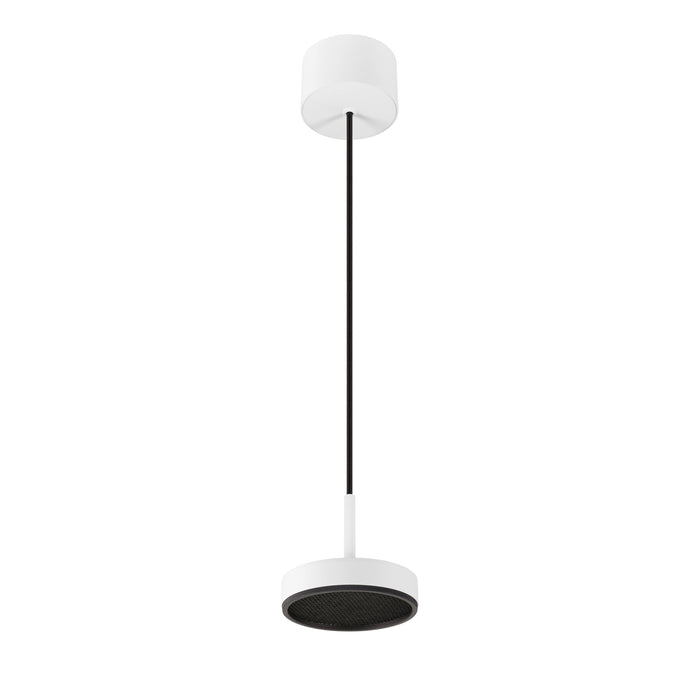 White ceiling-mounted light fixture with black cord and textured black diffuser.