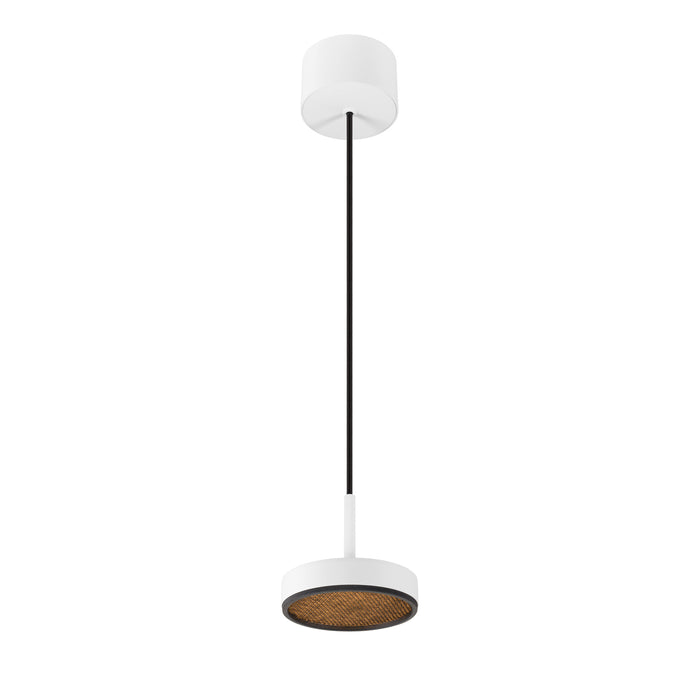 White ceiling-mounted pendant light fixture with black cord and woven brown diffuser.