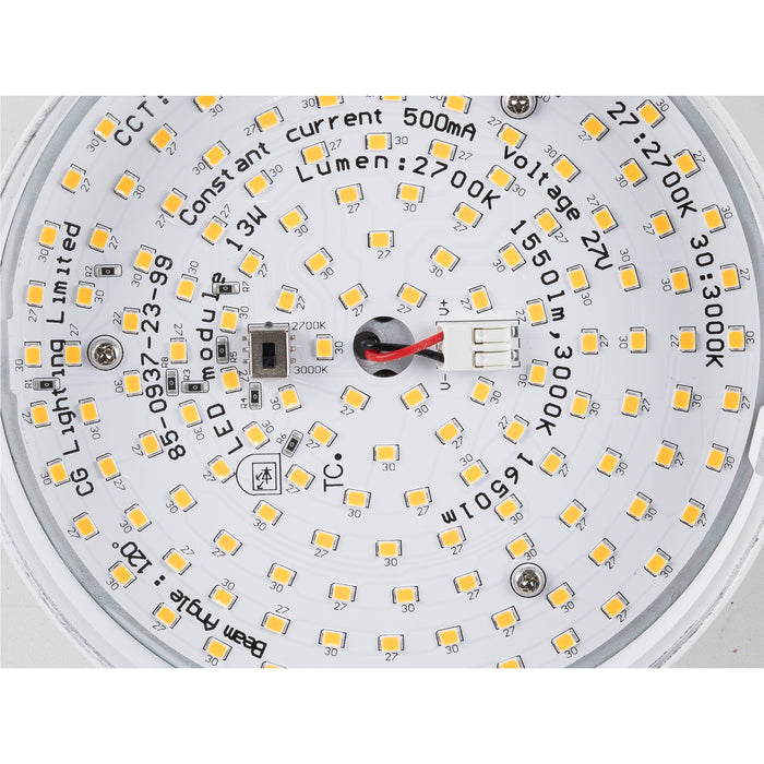 Close-up of a round LED module with surface-mount diodes, showing technical specifications like lumen output and color temperature.