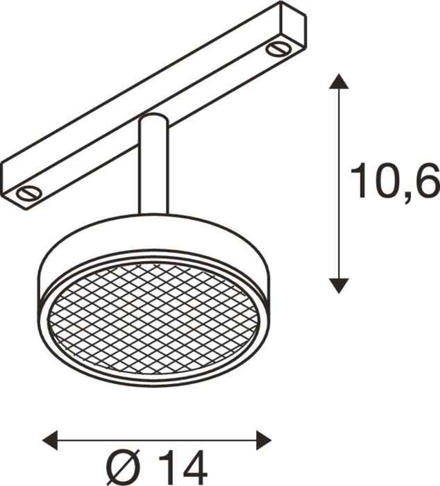 Line drawing of a ceiling-mounted spotlight with a round, gridded diffuser and dimensions.