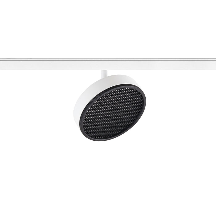 White track lighting fixture with black honeycomb lens.