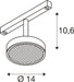 Line drawing of a ceiling-mounted spotlight with a round, gridded diffuser and dimensions.