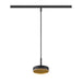 Black track-mounted pendant light fixture with a round shade and gold interior.