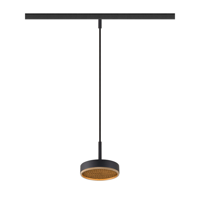 Black metal track pendant light fixture with woven shade.