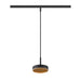Black metal track pendant light fixture with woven shade.