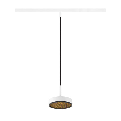 White metal track lighting pendant with woven gold diffuser and black cord.