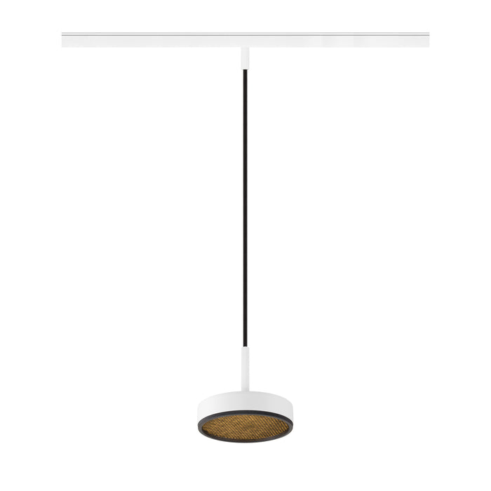 White metal track lighting pendant with woven gold diffuser and black cord.