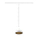 White metal track lighting pendant with woven gold diffuser and black cord.