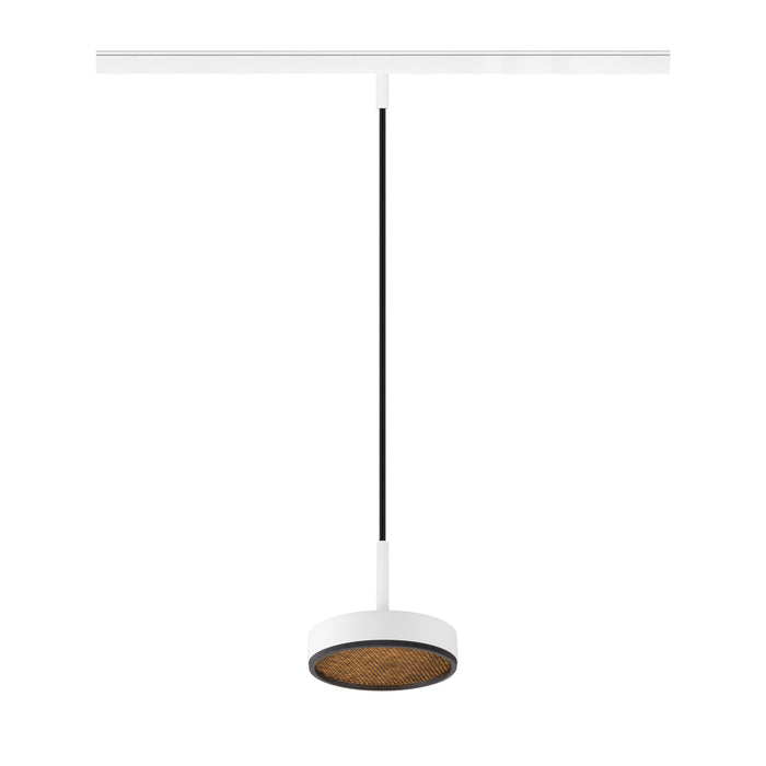 White track lighting pendant with woven texture shade.