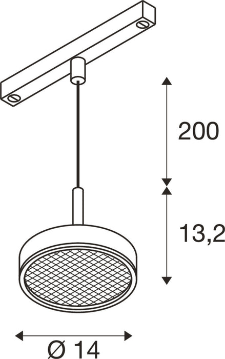 Technical drawing of a ceiling-mounted pendant light fixture with dimensions.