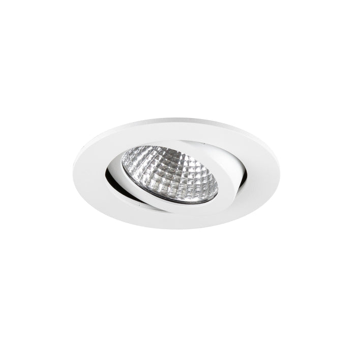 White recessed ceiling light fixture with adjustable head.