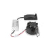 Recessed LED downlight with black trim, white baffle, spring mounting clips, and external power supply.