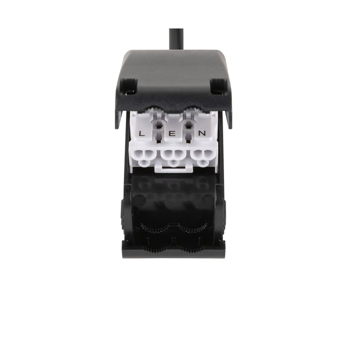 Black plastic electrical connector block with white terminals labeled L, E, and N.