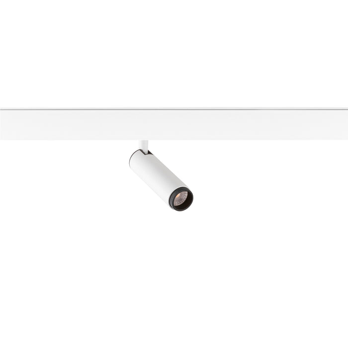 White metal track lighting fixture, cylinder spotlight.