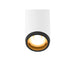 White cylinder surface-mounted spotlight with black trim and gold reflector.