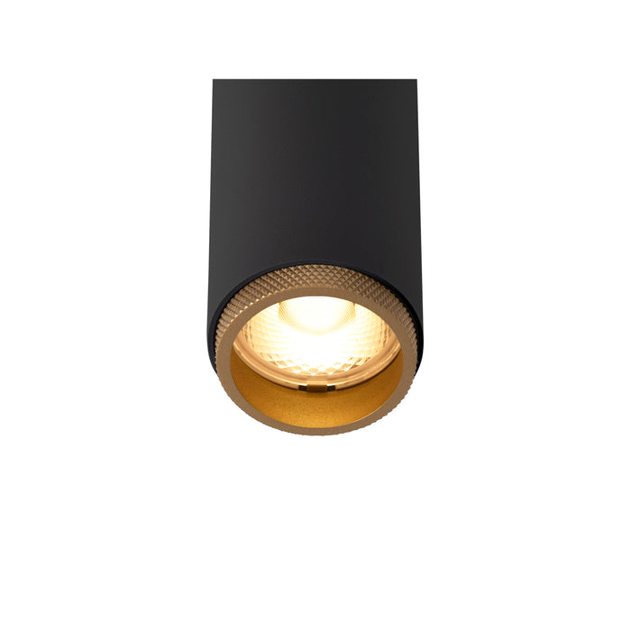 Black cylinder surface-mounted light fixture with gold interior and textured gold trim.