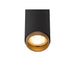 Black cylinder surface-mounted light fixture with gold interior and textured gold trim.