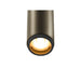Metal cylinder downlight fixture, bronze finish, ceiling mounted.