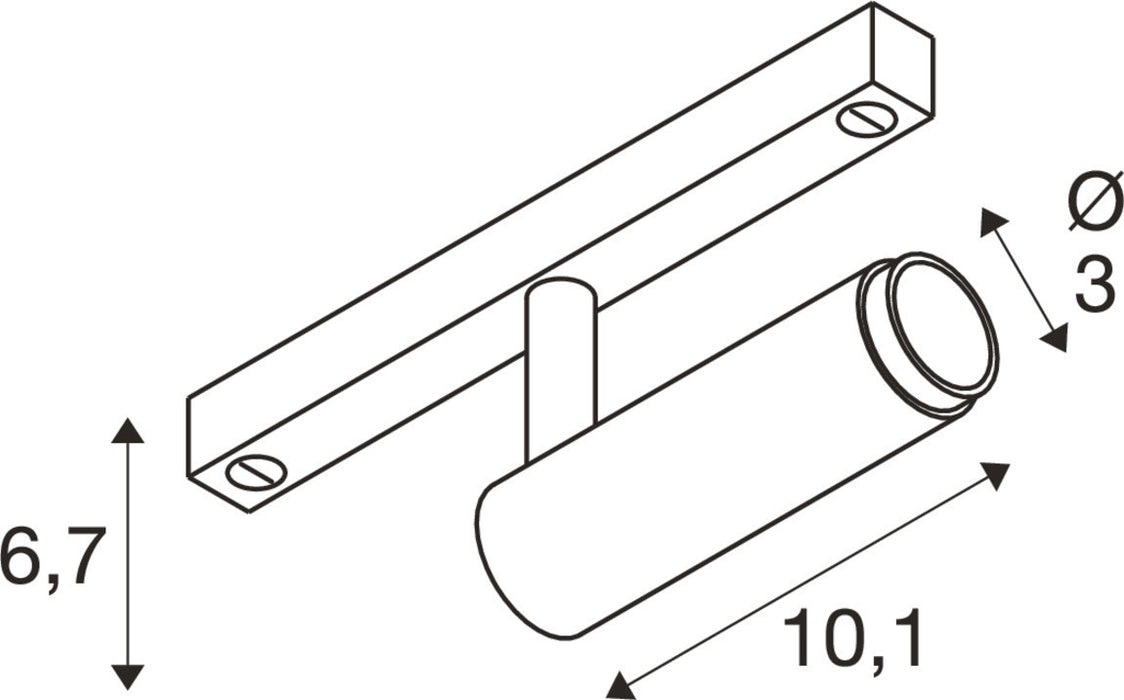 Technical drawing of a track-mounted spotlight with dimensions.