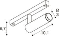 Technical drawing of a track light fixture with dimensions.