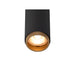 Black recessed ceiling light fixture with gold trim.