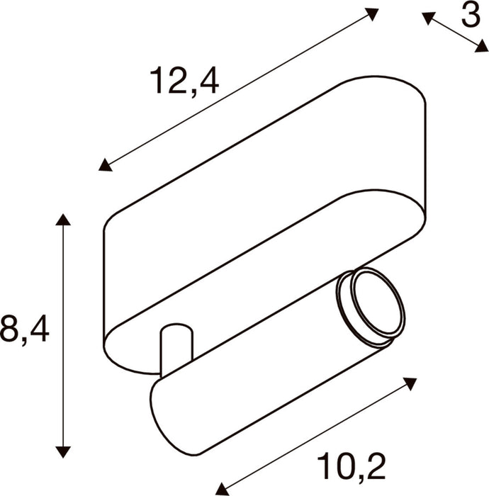 Technical drawing with dimensions of a white wall-mounted spotlight.