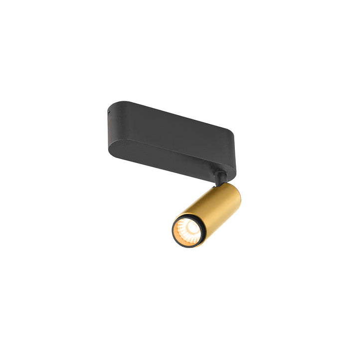 Metal track light fixture, matte black and gold finish, surface mounted.