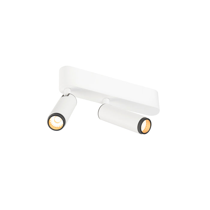 White metal ceiling light fixture with two adjustable spotlights.