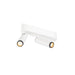 White metal ceiling light fixture with two adjustable spotlights.