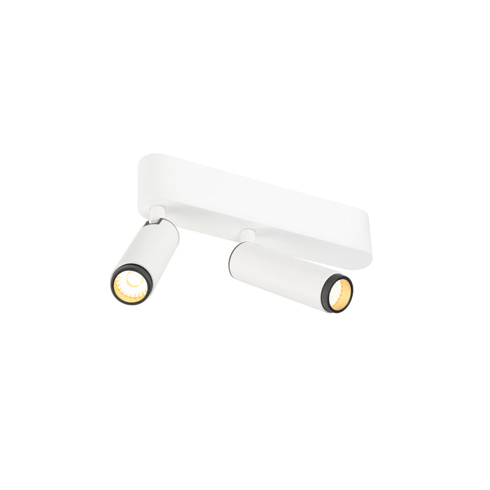 White metal ceiling light fixture with two adjustable spotlights.