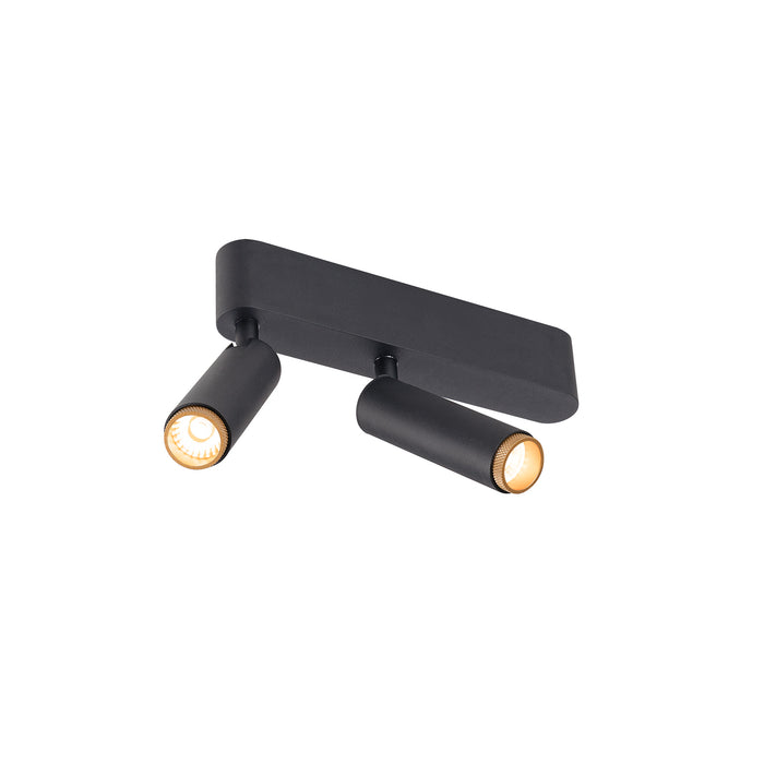 Modern black metal ceiling light fixture with two adjustable spotlights.