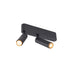 Modern black metal ceiling light fixture with two adjustable spotlights.