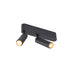 Black metal ceiling light fixture with two adjustable spotlights.