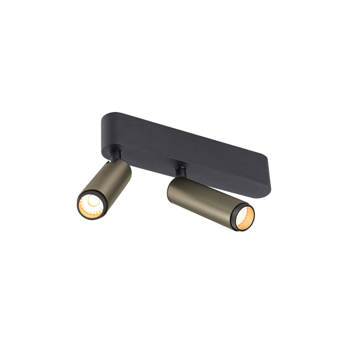 Metal ceiling light with two adjustable spotlights, matte black and olive green finish.