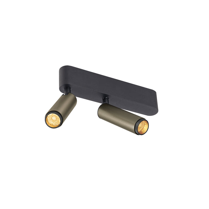 Metal ceiling light with two adjustable spotlights, matte black and bronze finish.